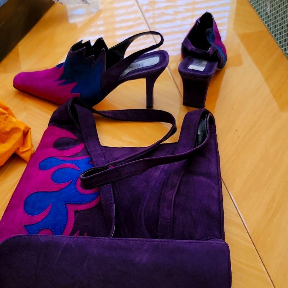 suede block heels with patching purse